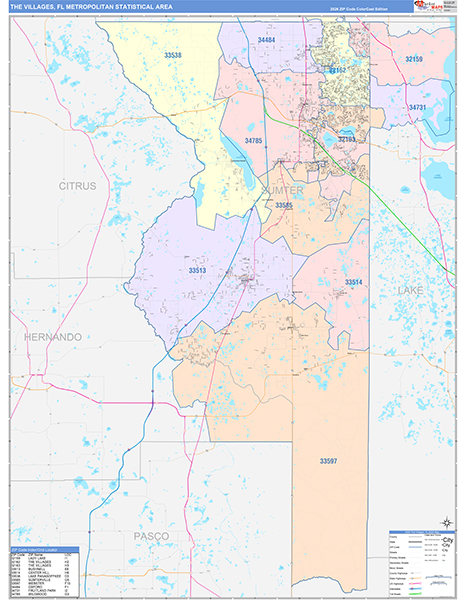The Villages Metro Area Wall Map Color Cast Style